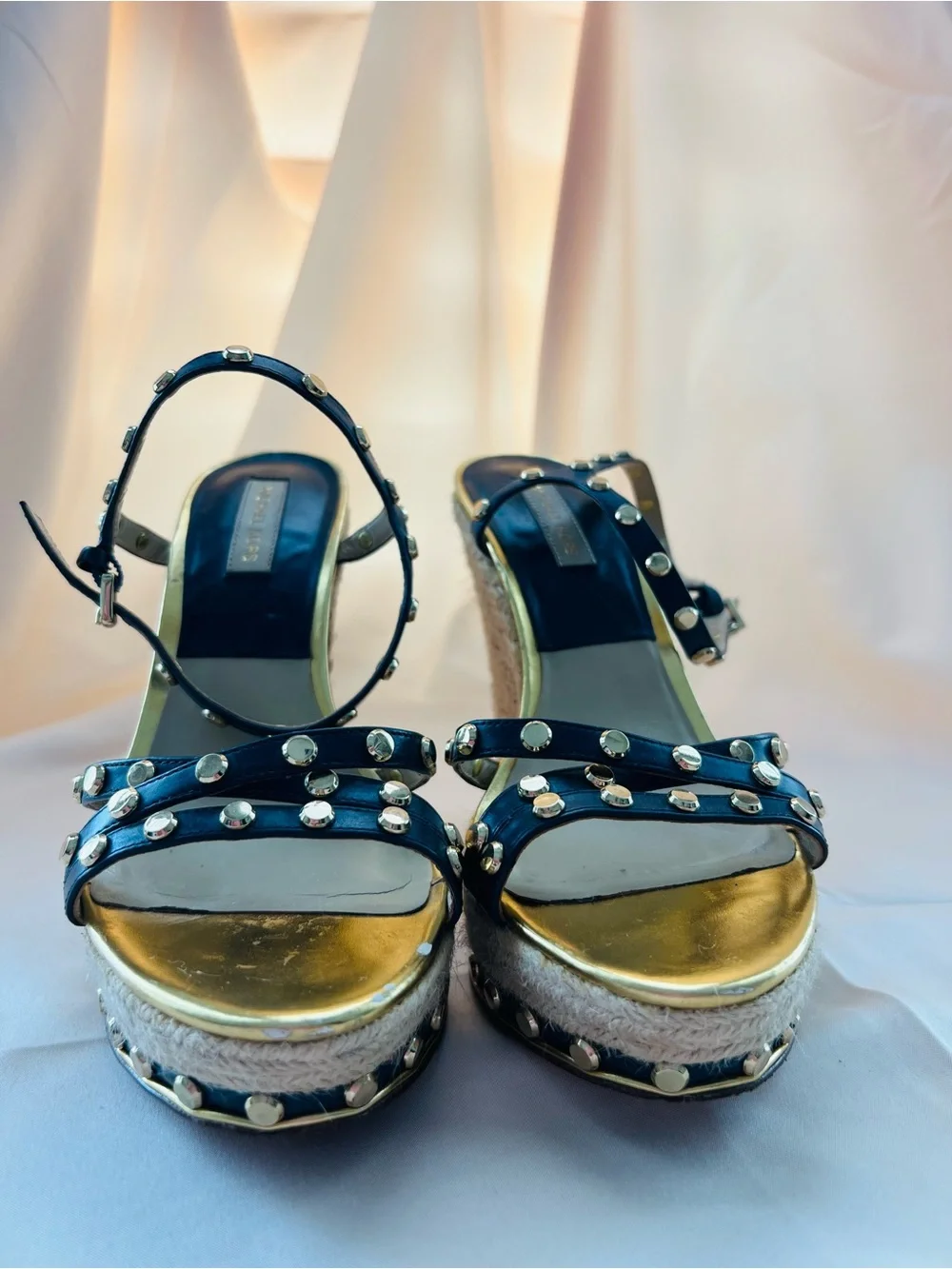 Michael Kors Black Leather Sandals with Gold Stud Accents